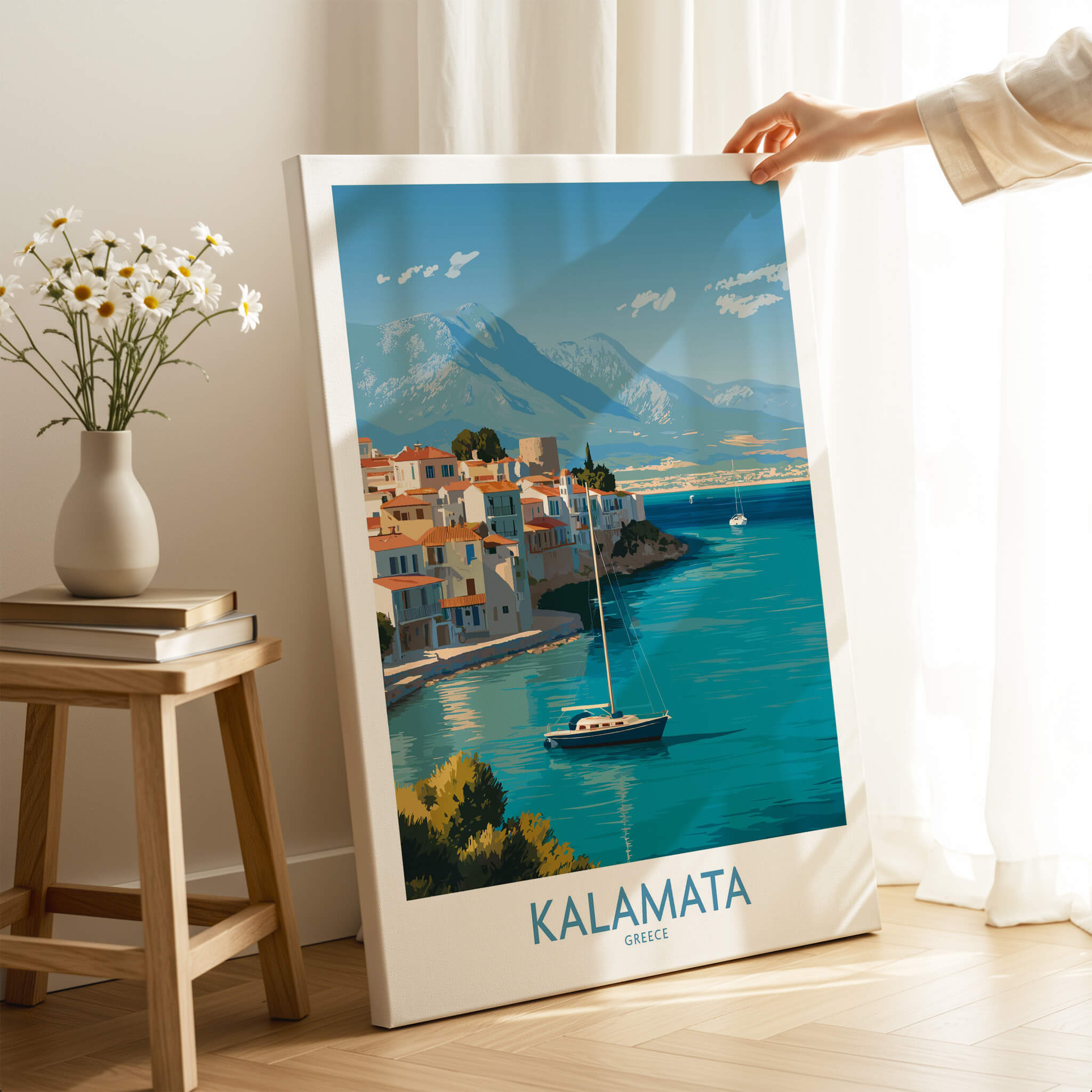 Kalamata Greece Poster | Scenic Bay & Sailing Scene Canvas Print featuring a picturesque coastal view.
