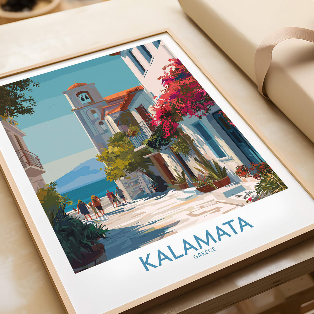 Kalamata Greece Canvas Print | Traditional Greek Village Scene Poster featuring vibrant street scene and flowers.