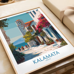 Kalamata Greece Canvas Print | Traditional Greek Village Scene Poster featuring vibrant street scene and flowers.