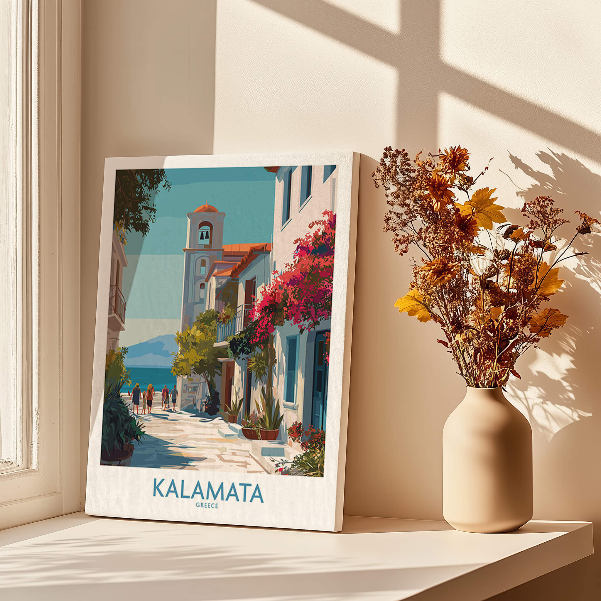Kalamata Greece Canvas Print | Traditional Greek Village Scene Poster showcasing vibrant streets and architectural beauty.