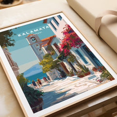 Kalamata Greece Travel Poster | Charming Street Wall Art Print featuring vibrant streets and traditional architecture.