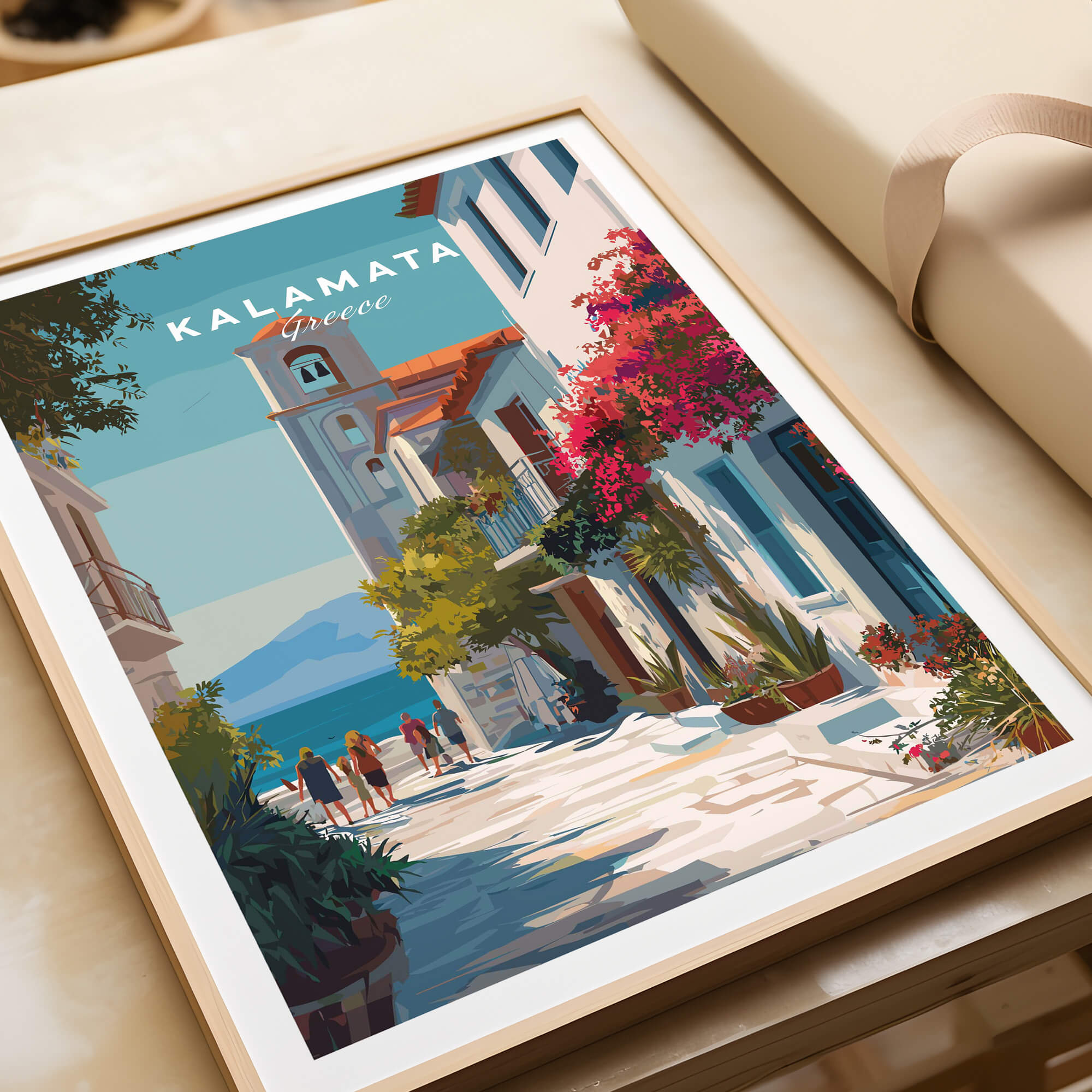 Kalamata Greece Travel Poster | Charming Street Wall Art Print featuring vibrant streets and traditional architecture.
