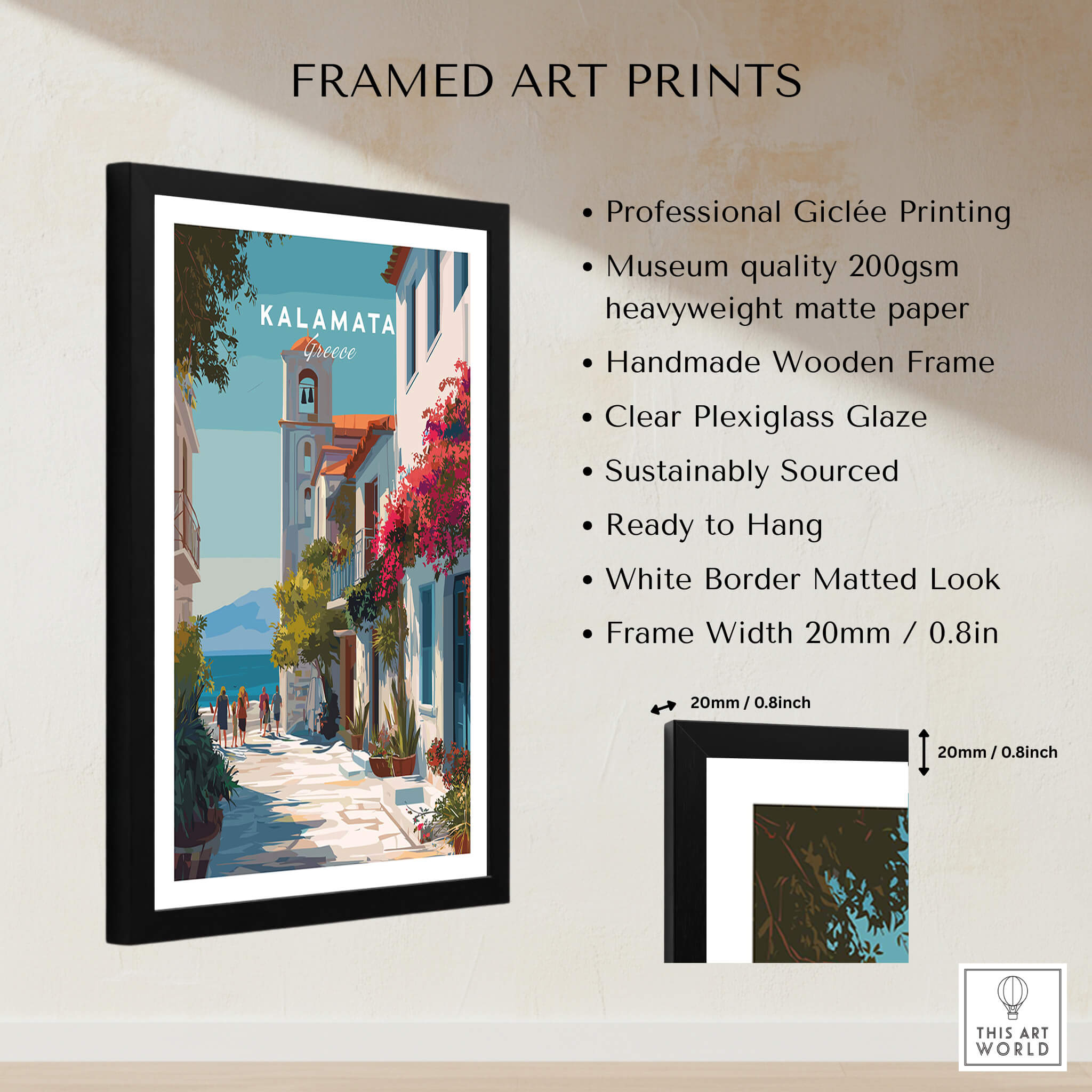 Kalamata Greece Travel Poster | Charming Street Wall Art Print framed art print showcasing vibrant streets and traditional architecture.