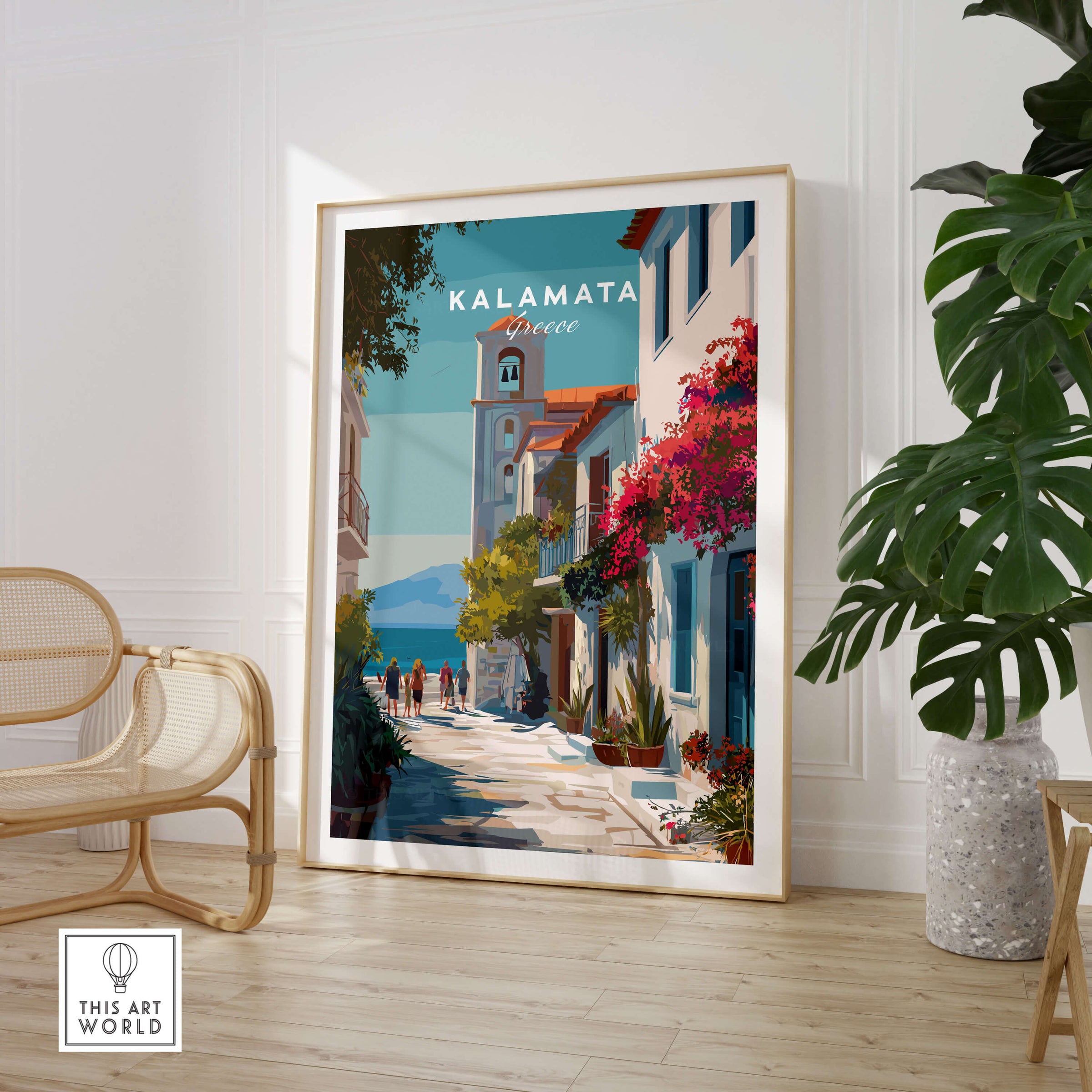 Kalamata Greece Travel Poster | Charming Street Wall Art Print featuring a vibrant street scene with traditional architecture.