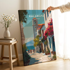 Kalamata Greece Travel Poster | Charming Street Wall Art Print depicting a colorful street with traditional architecture and floral accents.