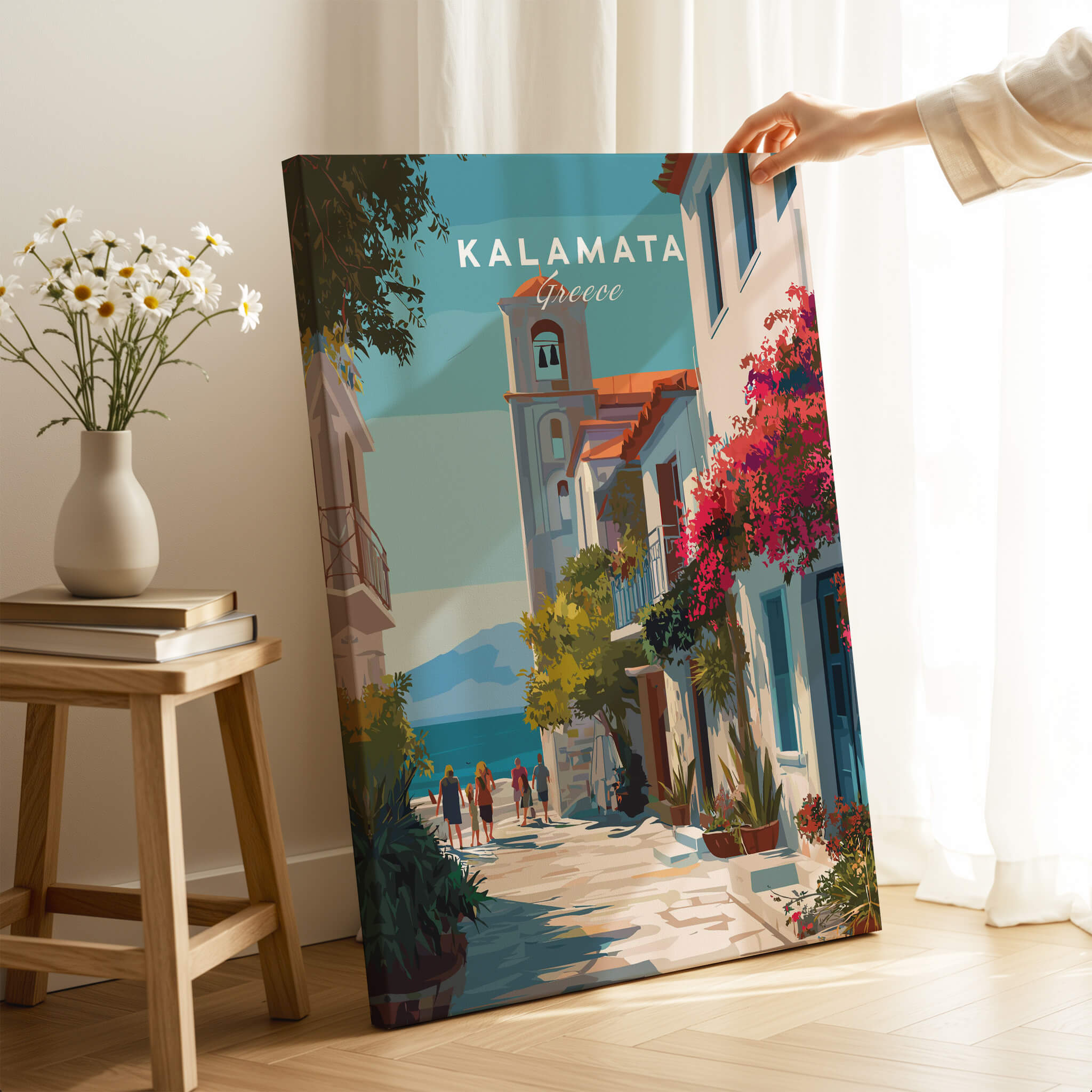 Kalamata Greece Travel Poster | Charming Street Wall Art Print depicting a colorful street with traditional architecture and floral accents.