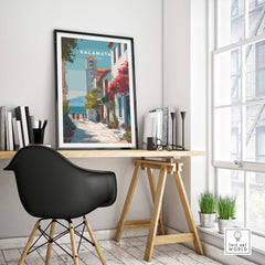 Kalamata Greece Travel Poster | Charming Street Wall Art Print featuring a picturesque street scene.