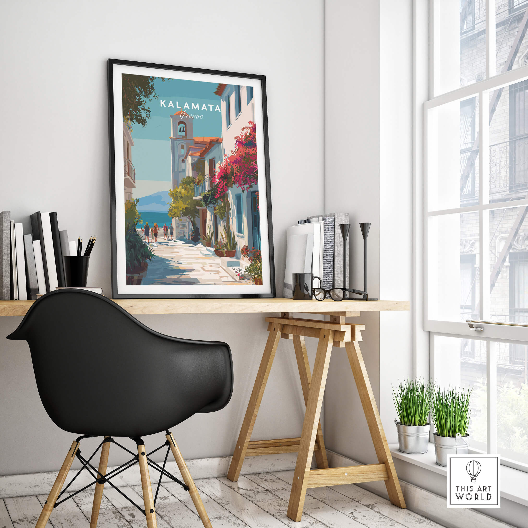 Kalamata Greece Travel Poster | Charming Street Wall Art Print featuring a picturesque street scene.