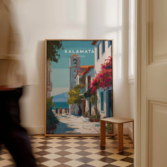 Kalamata Greece Travel Poster | Charming Street Wall Art Print featuring vibrant streets and traditional architecture.