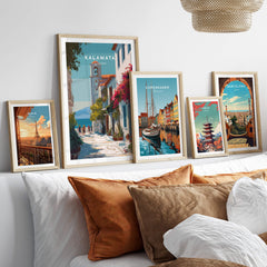 Kalamata Greece Travel Poster | Charming Street Wall Art Print displayed in stylish frames on a modern living room wall.