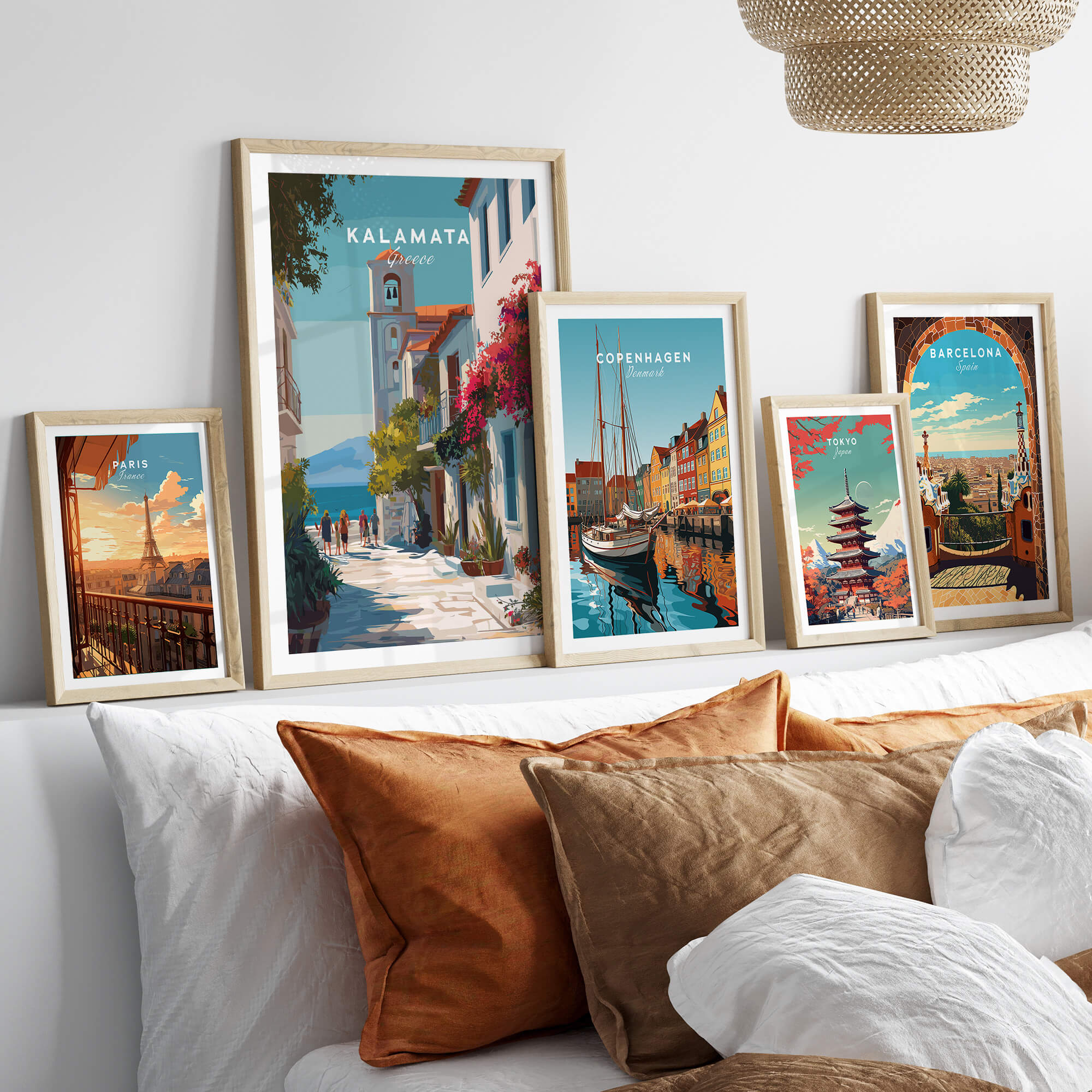 Kalamata Greece Travel Poster | Charming Street Wall Art Print displayed in stylish frames on a modern living room wall.