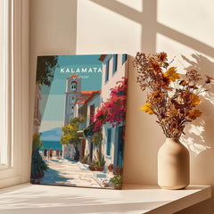 Kalamata Greece Travel Poster | Charming Street Wall Art Print displayed near a vase of flowers on a light-filled windowsill.