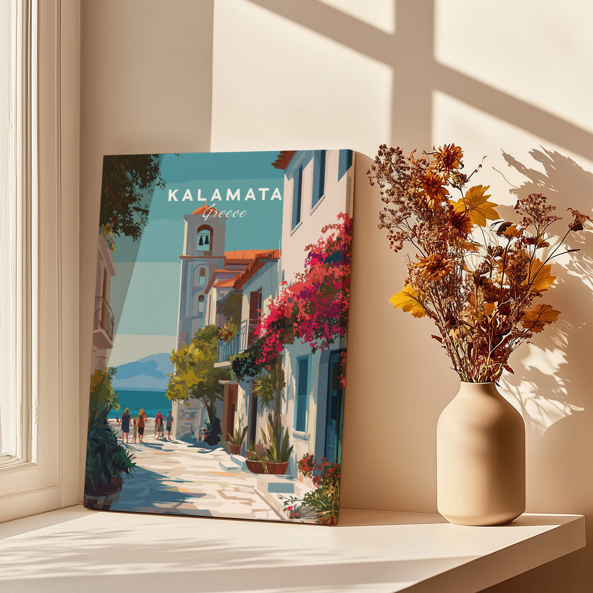 Kalamata Greece Travel Poster | Charming Street Wall Art Print displayed near a vase of flowers on a light-filled windowsill.