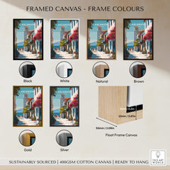 Kalamata Greece Travel Poster | Charming Street Wall Art Print framed canvas in various frame colors including black, white, and gold.