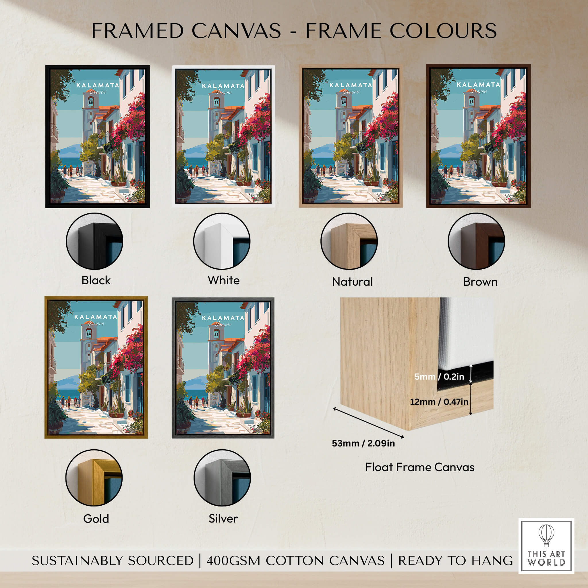 Kalamata Greece Travel Poster | Charming Street Wall Art Print framed canvas in various frame colors including black, white, and gold.