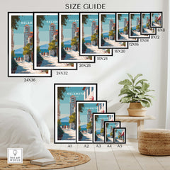 Kalamata Greece Travel Poster | Charming Street Wall Art Print size guide showcasing various print dimensions.