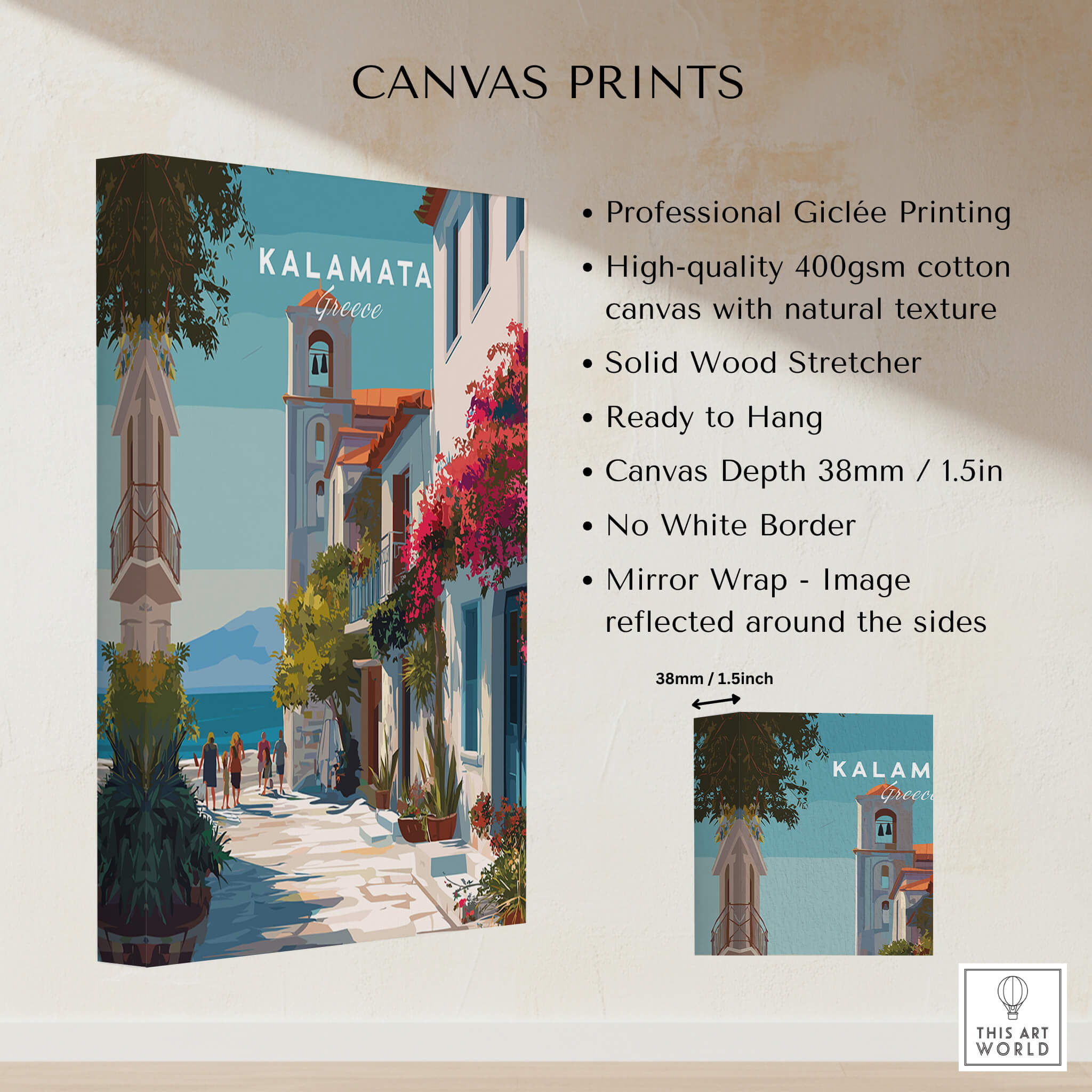 Kalamata Greece Travel Poster | Charming Street Wall Art Print featuring high-quality Giclée printing on canvas.