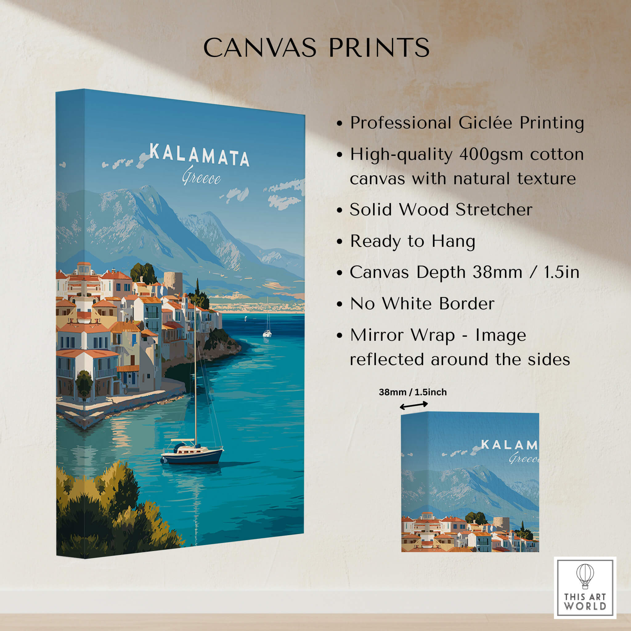 Kalamata Greece Wall Art Print | Harbor & Mountain Landscape Travel Poster featuring vibrant harbor scene.