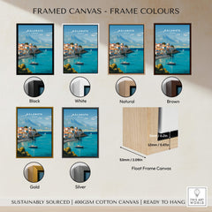 Kalamata Greece Wall Art Print | Harbor & Mountain Landscape Travel Poster framed in various colors including Black, White, Natural, Brown, Gold, and Silver.