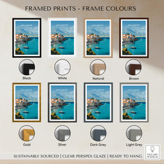Kalamata Greece Wall Art Print | Harbor & Mountain Landscape Travel Poster framed in various colors including black, white, and natural.