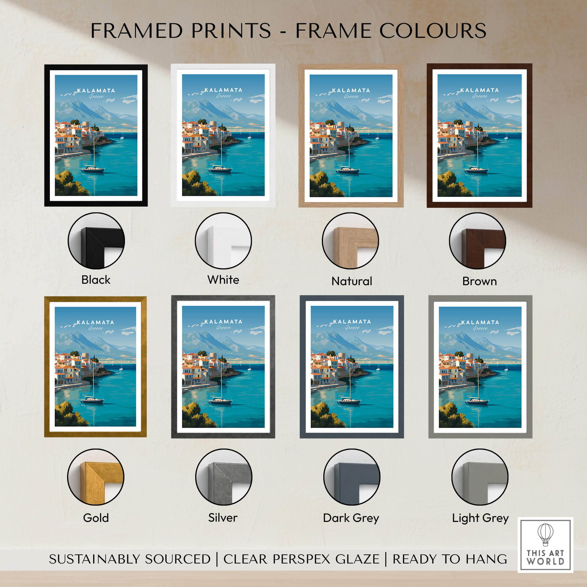 Kalamata Greece Wall Art Print | Harbor & Mountain Landscape Travel Poster framed in various colors including black, white, and natural.