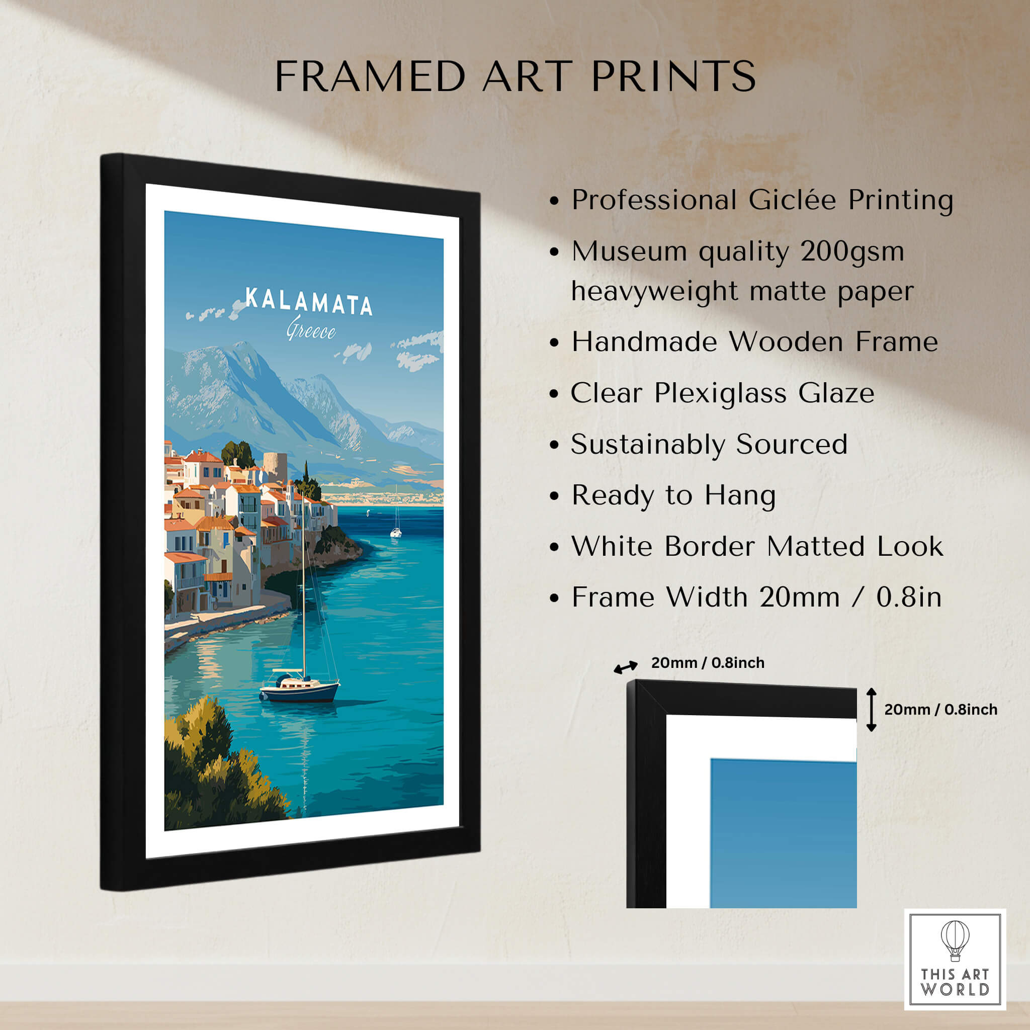 Kalamata Greece Wall Art Print | Harbor & Mountain Landscape Travel Poster displayed in a black framed art print.