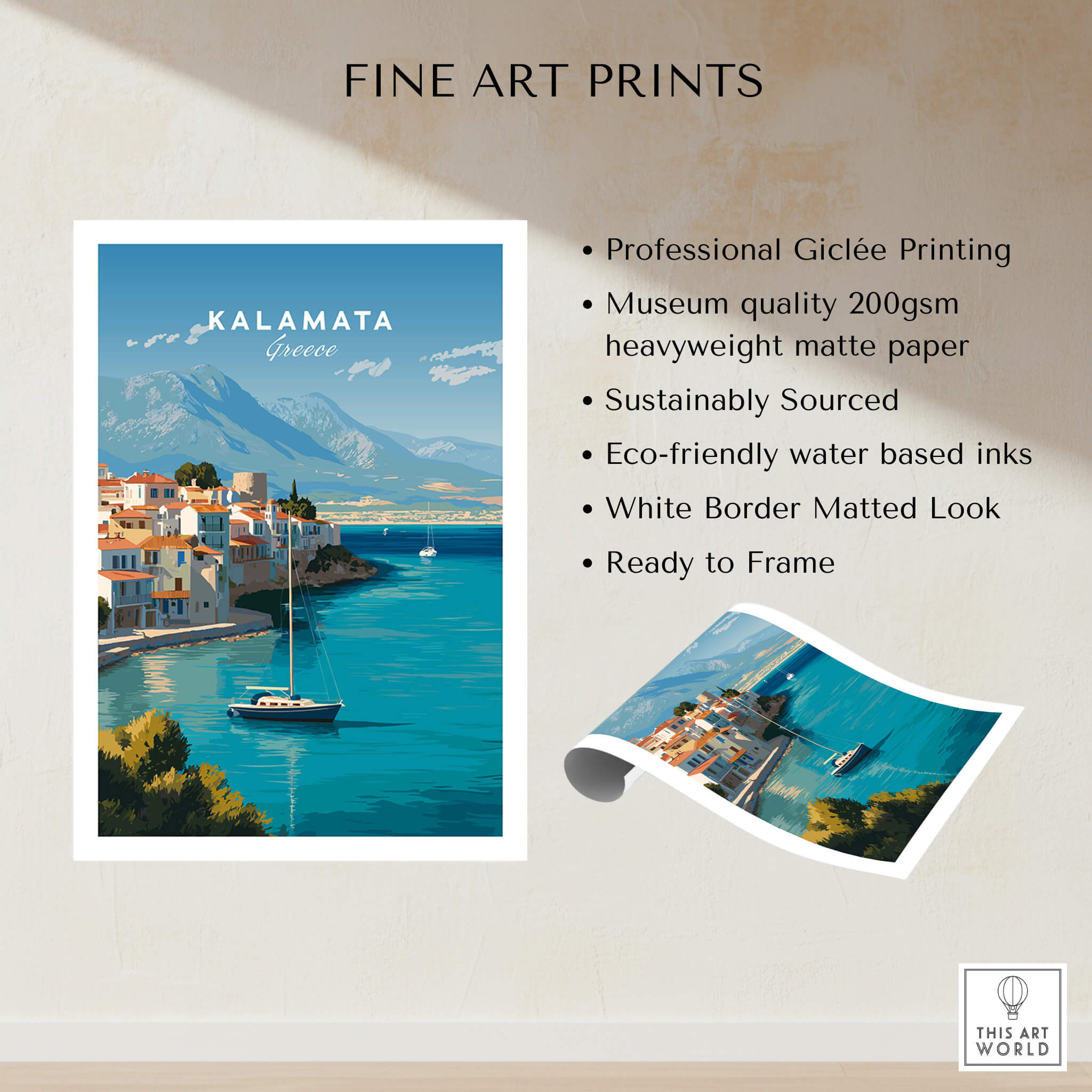 Kalamata Greece Wall Art Print | Harbor & Mountain Landscape Travel Poster featuring vibrant harbor scene and mountains.