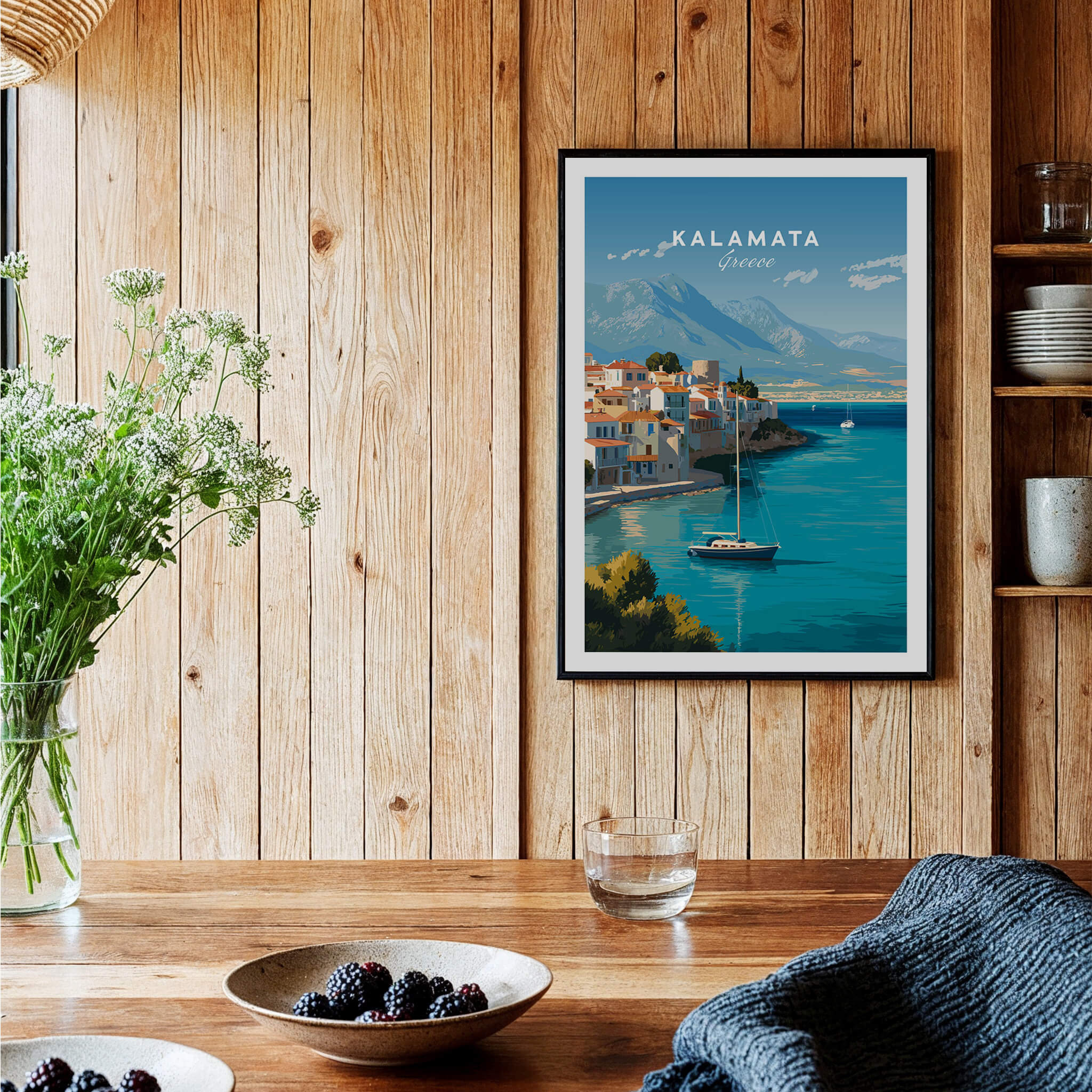 Kalamata Greece Wall Art Print | Harbor & Mountain Landscape Travel Poster displayed in a cozy interior setting.