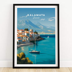 Kalamata Greece Wall Art Print | Harbor & Mountain Landscape Travel Poster showcasing a picturesque harbor and mountains.