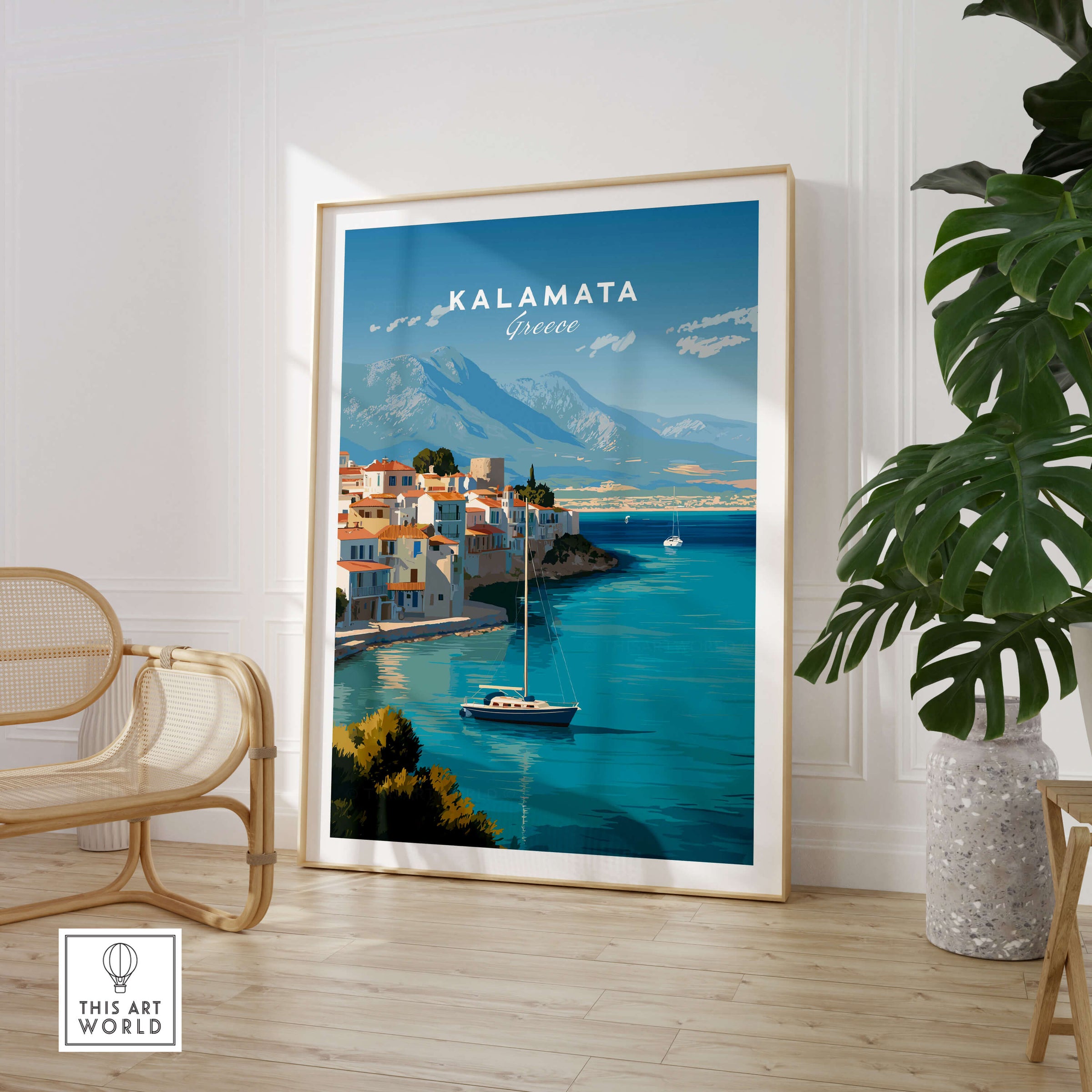 Kalamata Greece Wall Art Print | Harbor & Mountain Landscape Travel Poster featuring a scenic harbor view.