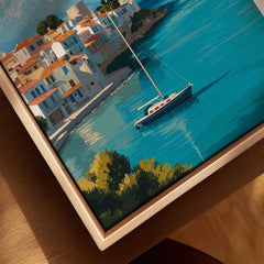 Kalamata Greece Wall Art Print | Harbor & Mountain Landscape Travel Poster featuring a boat in a tranquil harbor setting.