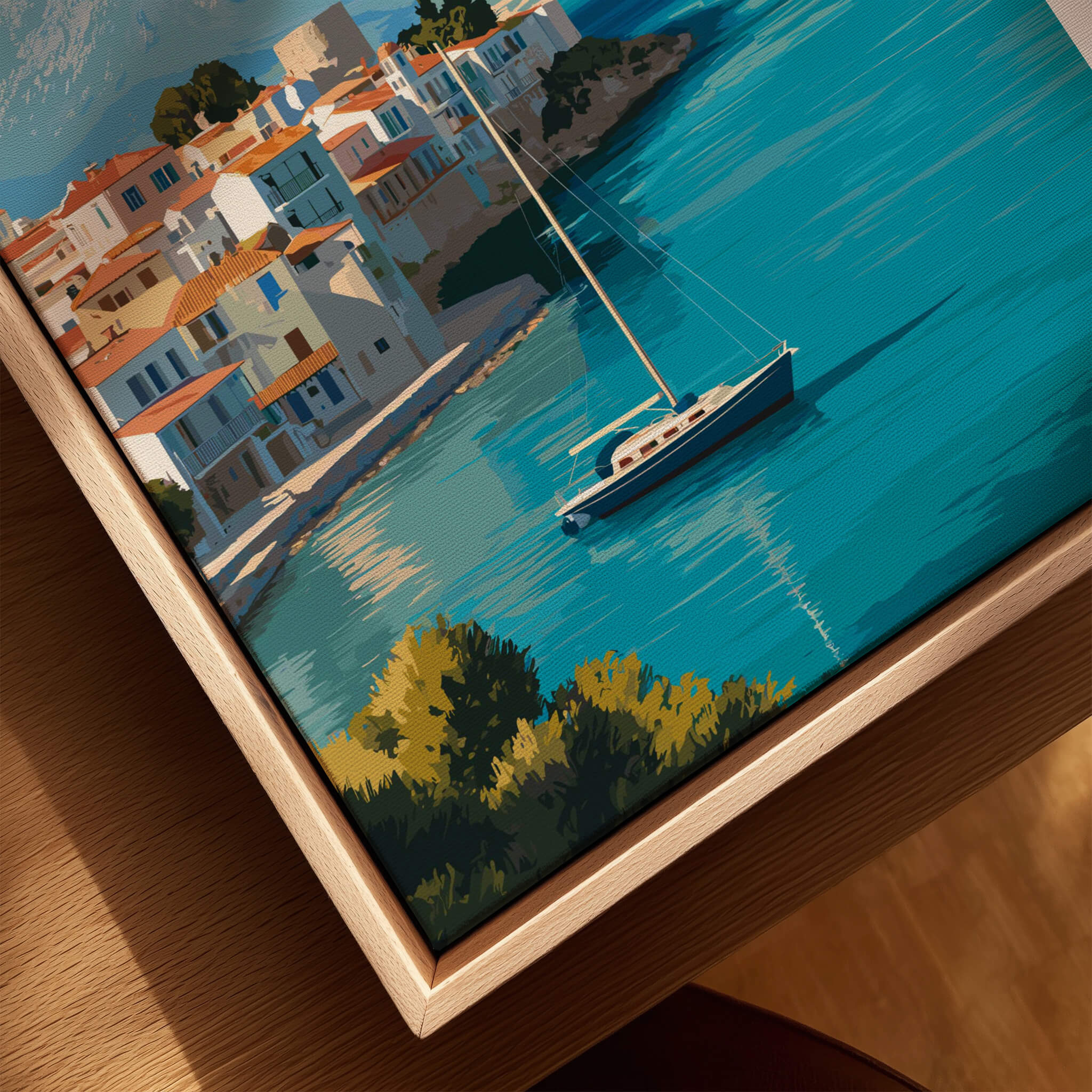 Kalamata Greece Wall Art Print | Harbor & Mountain Landscape Travel Poster featuring a boat in a tranquil harbor setting.