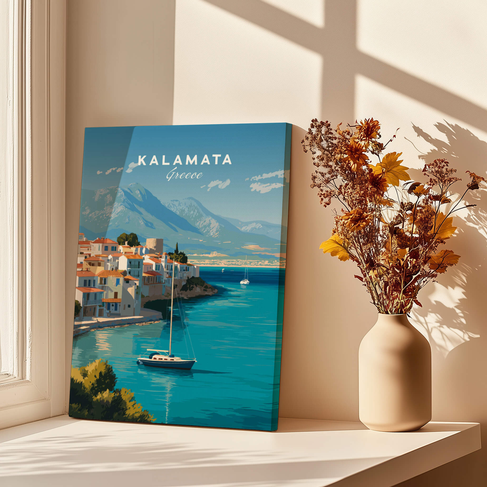 Kalamata Greece Wall Art Print | Harbor & Mountain Landscape Travel Poster displayed by a window with flowers.