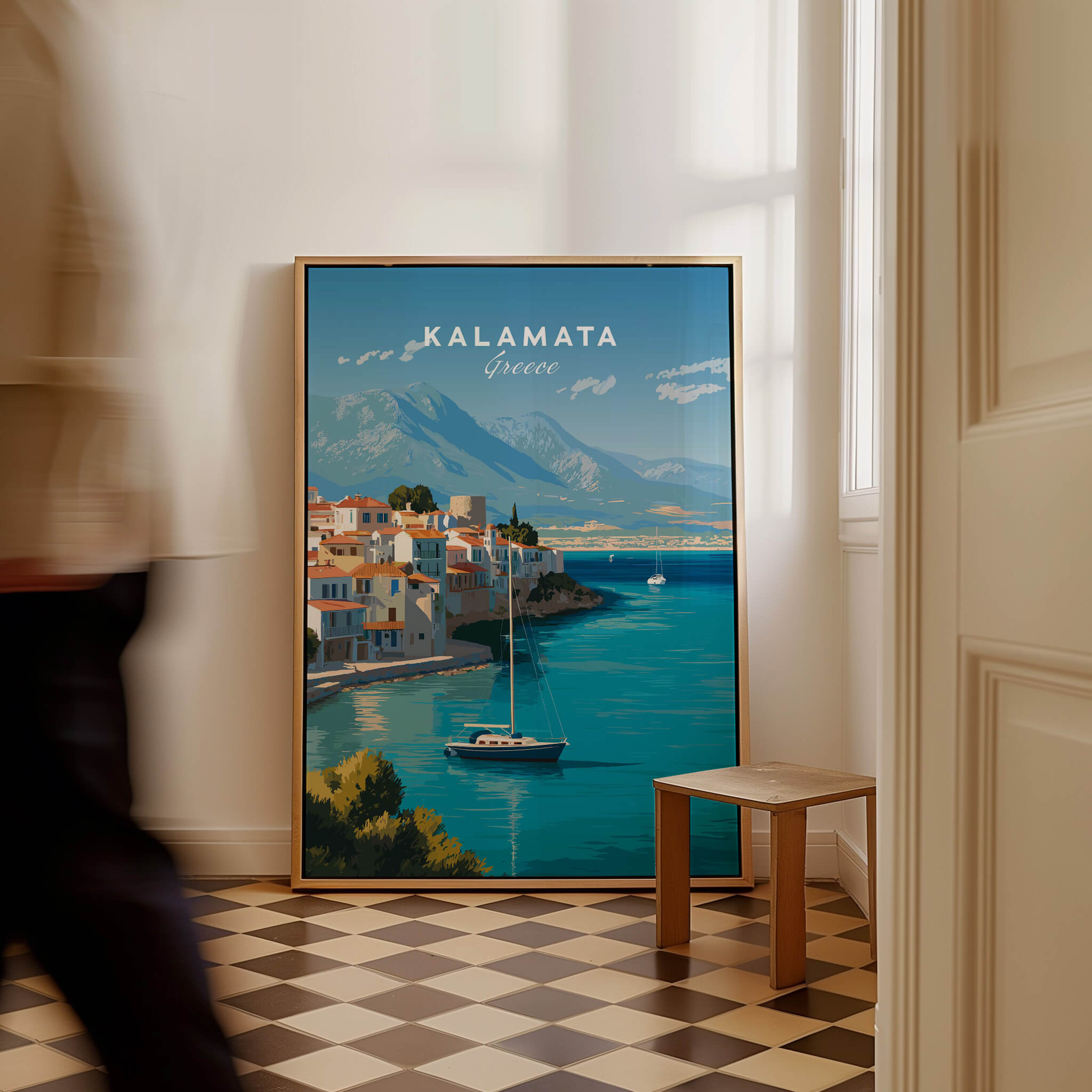 Kalamata Greece Wall Art Print | Harbor & Mountain Landscape Travel Poster displayed in a stylish interior with scenic views.