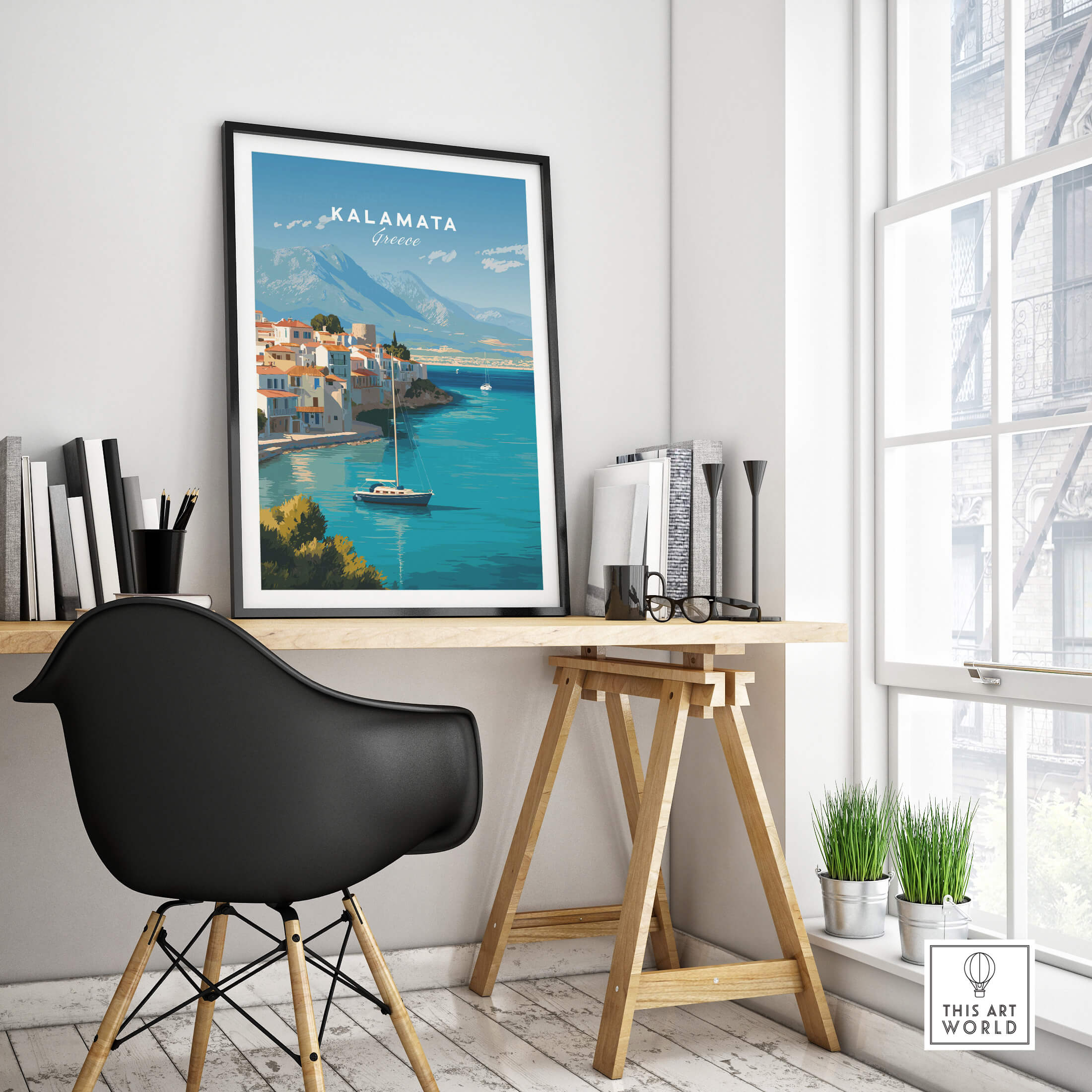 Kalamata Greece Wall Art Print | Harbor & Mountain Landscape Travel Poster displayed in a stylish workspace