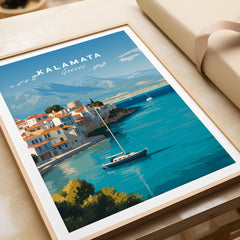 Kalamata Greece Wall Art Print | Harbor & Mountain Landscape Travel Poster showcasing the harbor and mountain view.