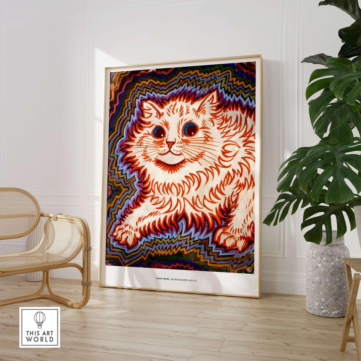Kaleidoscope Cat Psychedelic Feline Poster Wall Art Louis Wain Exhibition Art Print displayed in a modern interior with plants.