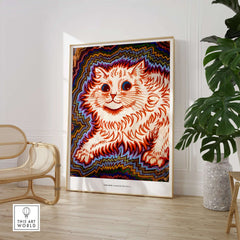 Kaleidoscope Cat Psychedelic Feline Poster Wall Art Louis Wain Exhibition Art Print displayed in a modern interior with plants.