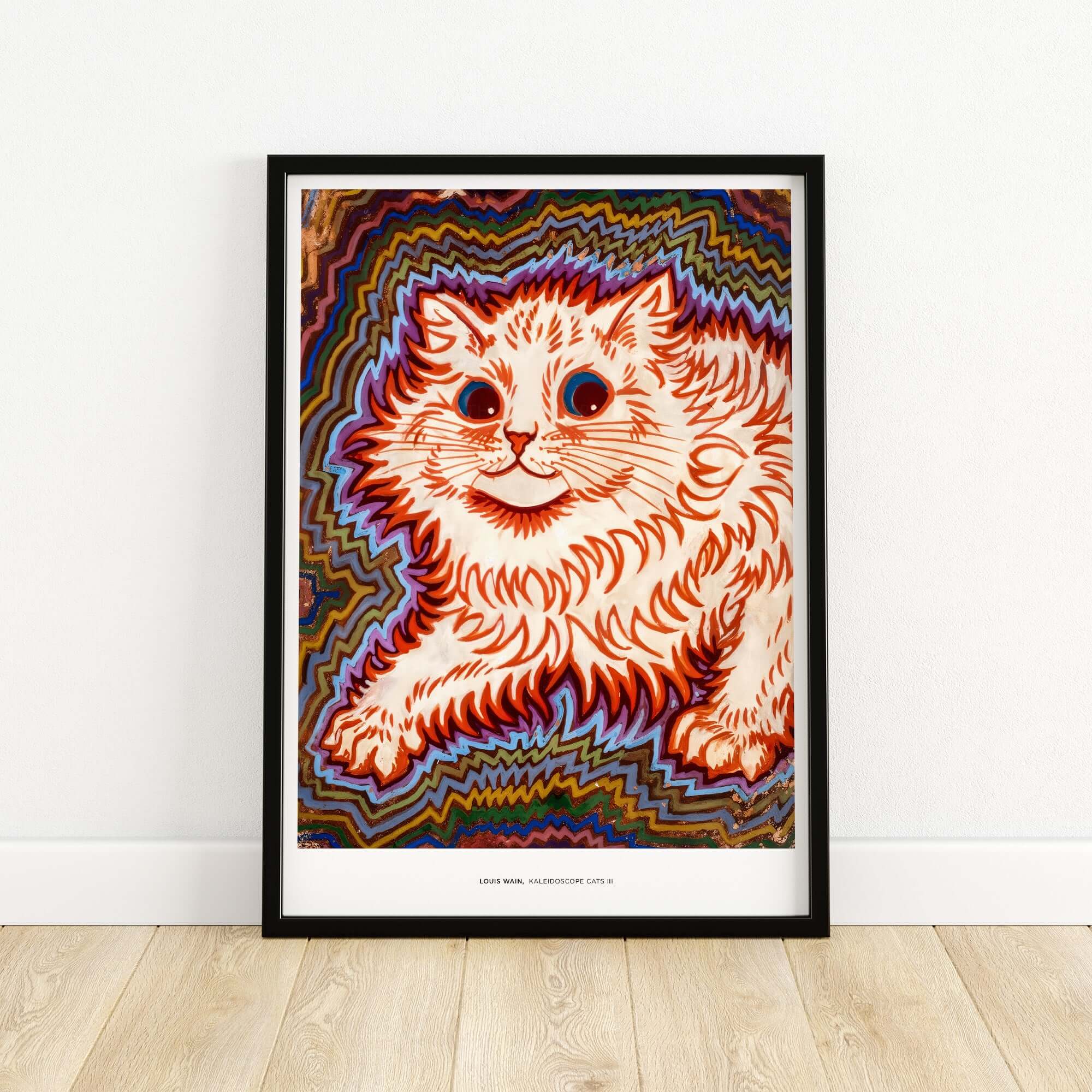 Kaleidoscope Cat Psychedelic Feline Poster Wall Art Louis Wain Exhibition Art Print featuring a vibrant cat illustration.