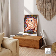 Kaleidoscope Cat Psychedelic Feline Poster Wall Art Louis Wain Exhibition Art Print in a modern living room setting.