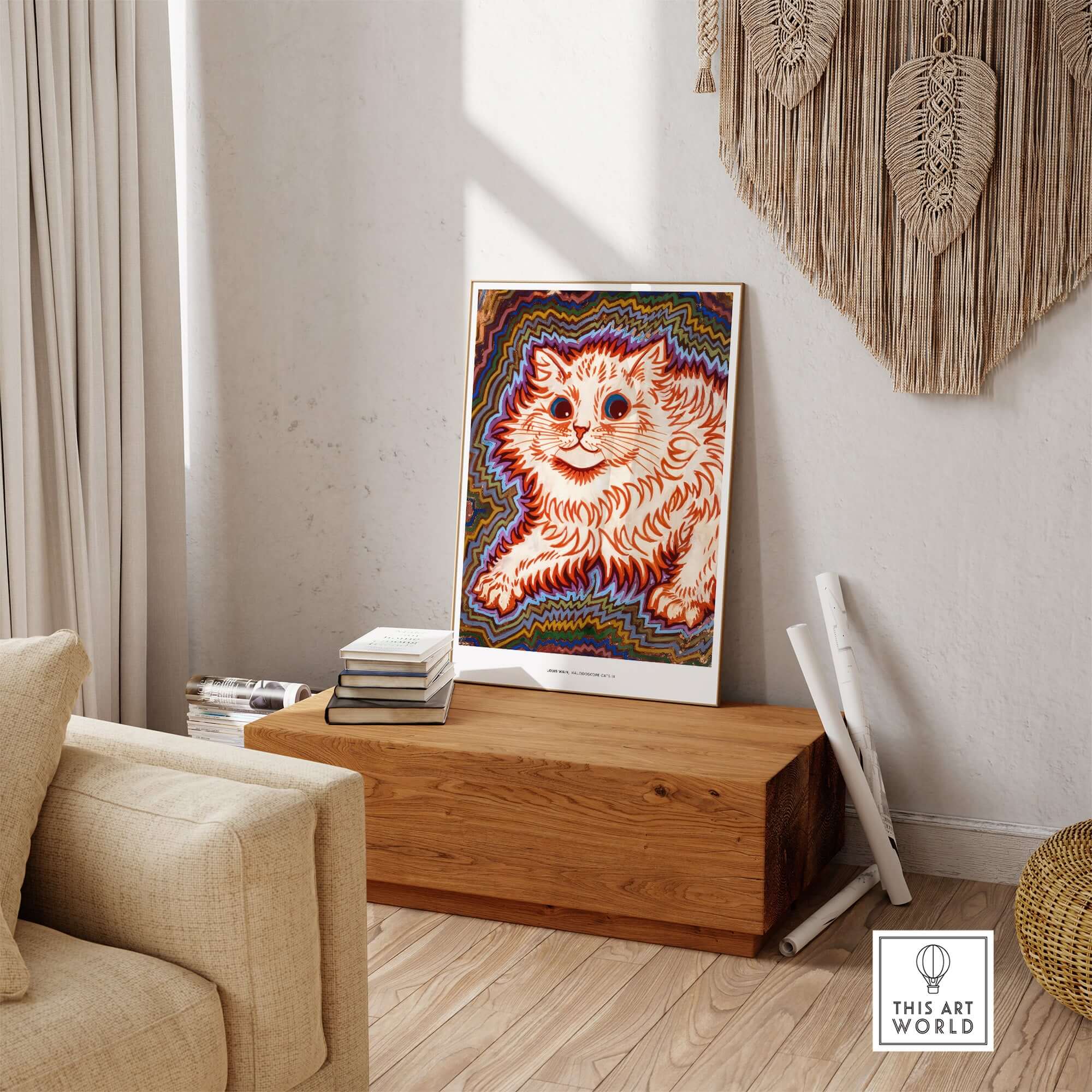 Kaleidoscope Cat Psychedelic Feline Poster Wall Art Louis Wain Exhibition Art Print in a modern living room setting.