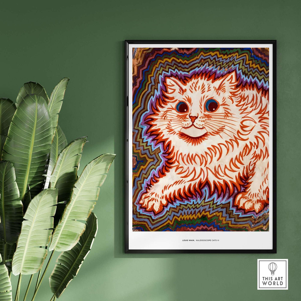 Kaleidoscope Cat Psychedelic Feline Poster Wall Art Louis Wain Exhibition Art Print displayed on wall with plant