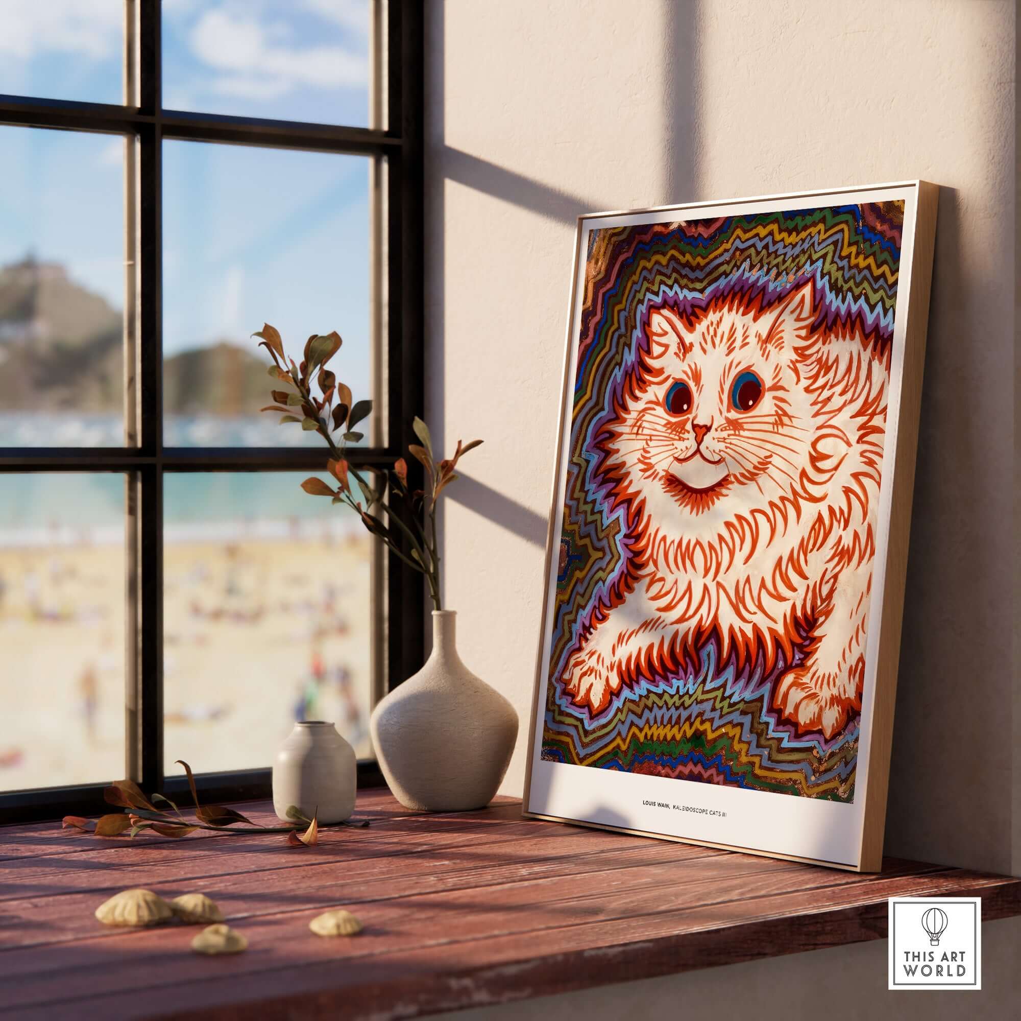 Kaleidoscope Cat Psychedelic Feline Poster Wall Art Louis Wain Exhibition Art Print displayed on a windowsill.