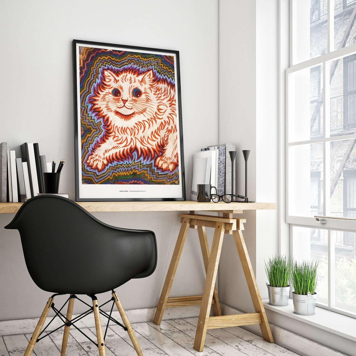 Kaleidoscope Cat Psychedelic Feline Poster Wall Art Louis Wain Exhibition Art Print displayed in a modern home office.
