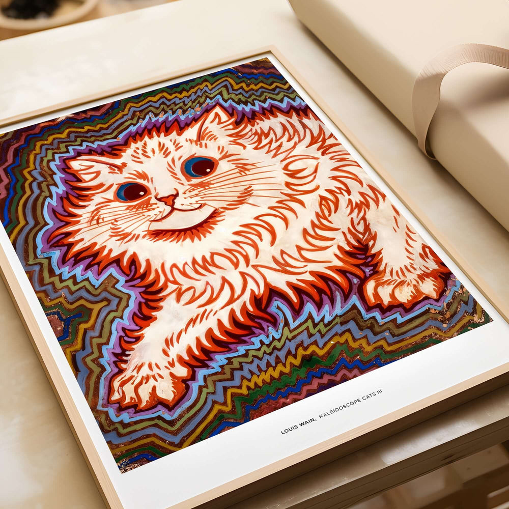 Kaleidoscope Cat Psychedelic Feline Poster Wall Art Louis Wain Exhibition Art Print featuring vibrant cat art.