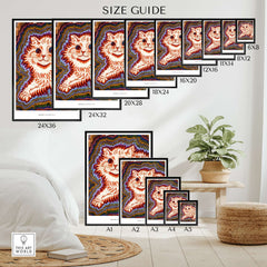 Kaleidoscope Cat Psychedelic Feline Poster Wall Art Louis Wain Exhibition Art Print size guide