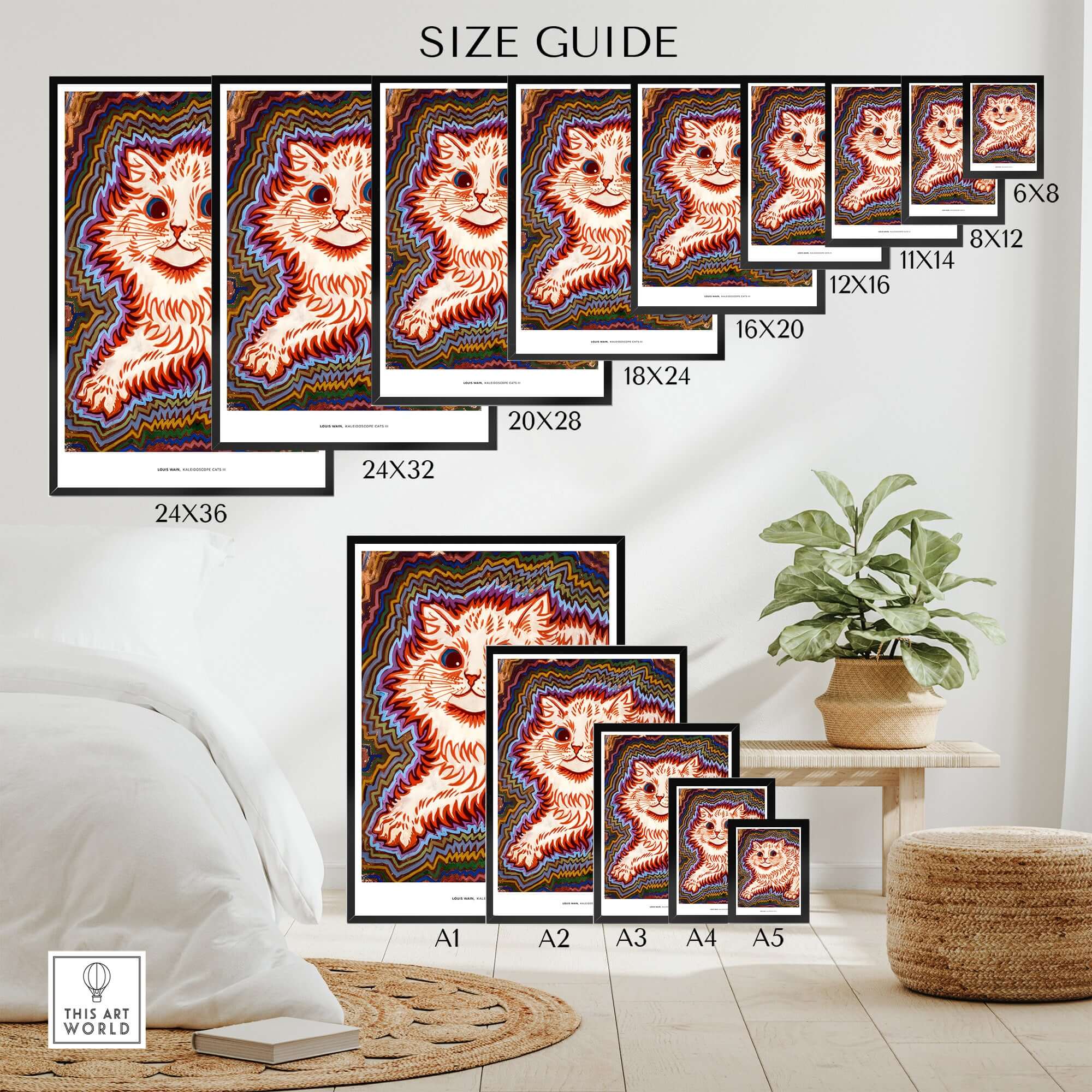 Kaleidoscope Cat Psychedelic Feline Poster Wall Art Louis Wain Exhibition Art Print size guide