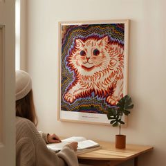 Kaleidoscope Cat Psychedelic Feline Poster Wall Art Louis Wain Exhibition Art Print displayed in a cozy room with a person sitting at a desk.