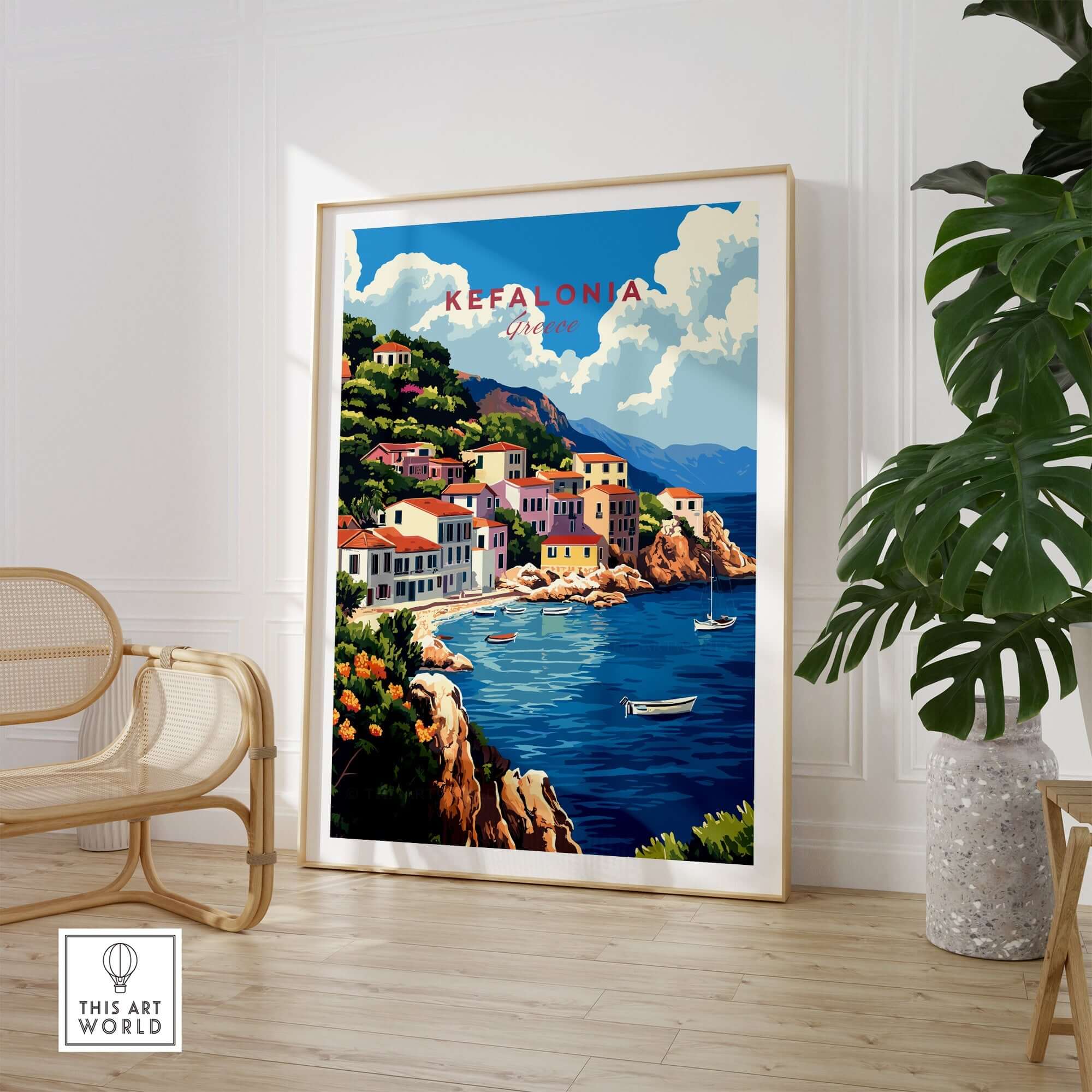 Kefalonia Art Print showcasing colorful Greek landscape with boats and houses in a coastal setting.
