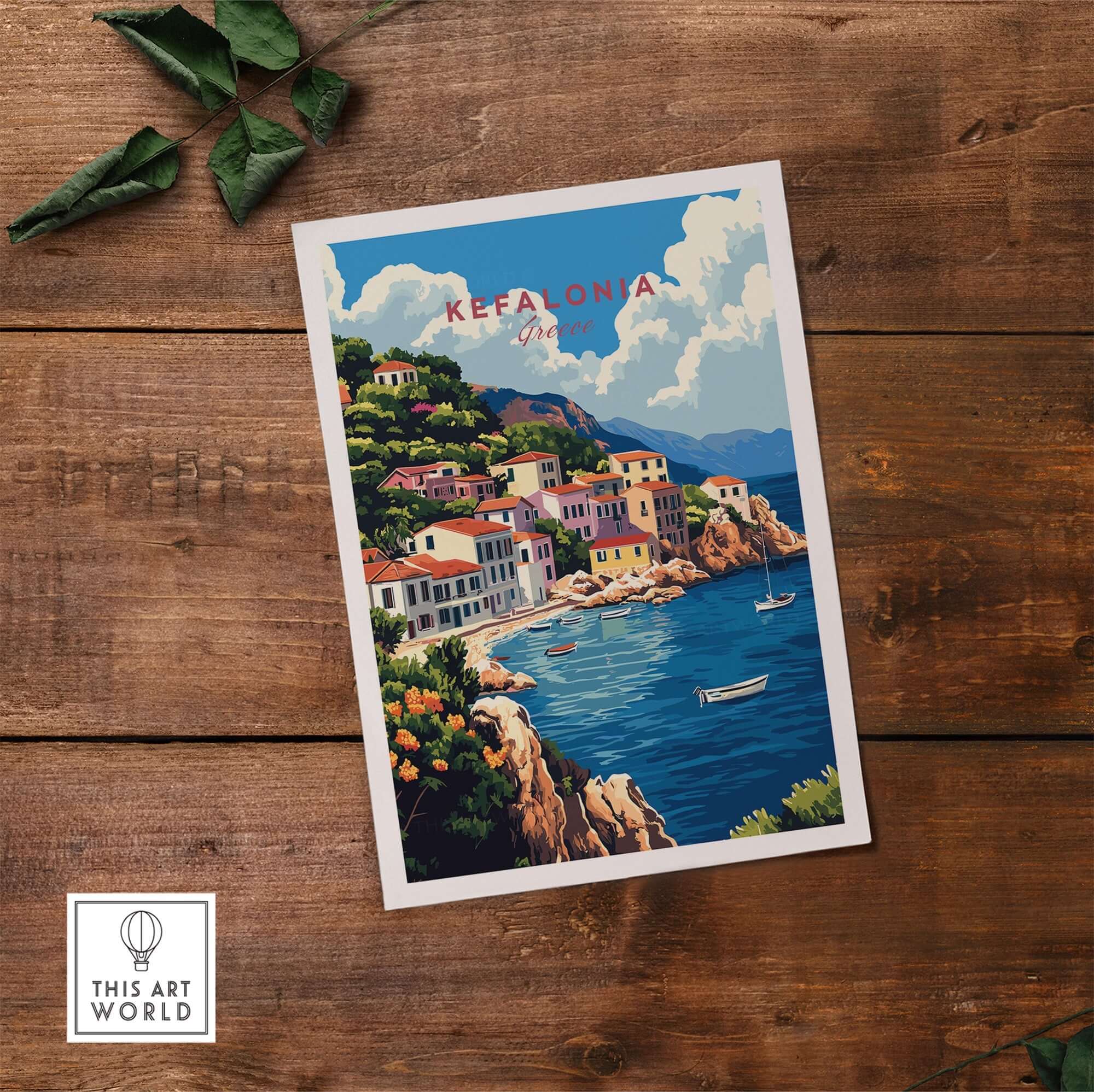 Kefalonia Art Print showcasing vibrant landscapes and colorful buildings by the sea, perfect for home decoration.